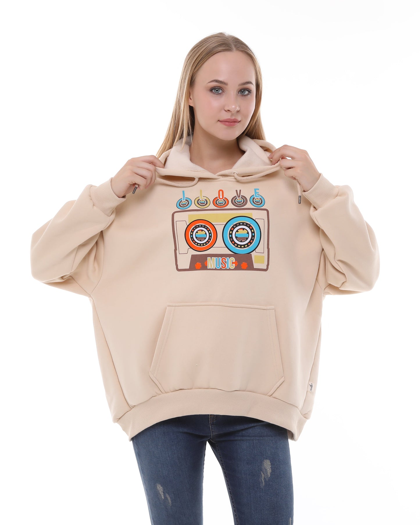 I love Music Vintage Cassette Print Fleece  Cotton Women Long Sleeve Cream Hoodie