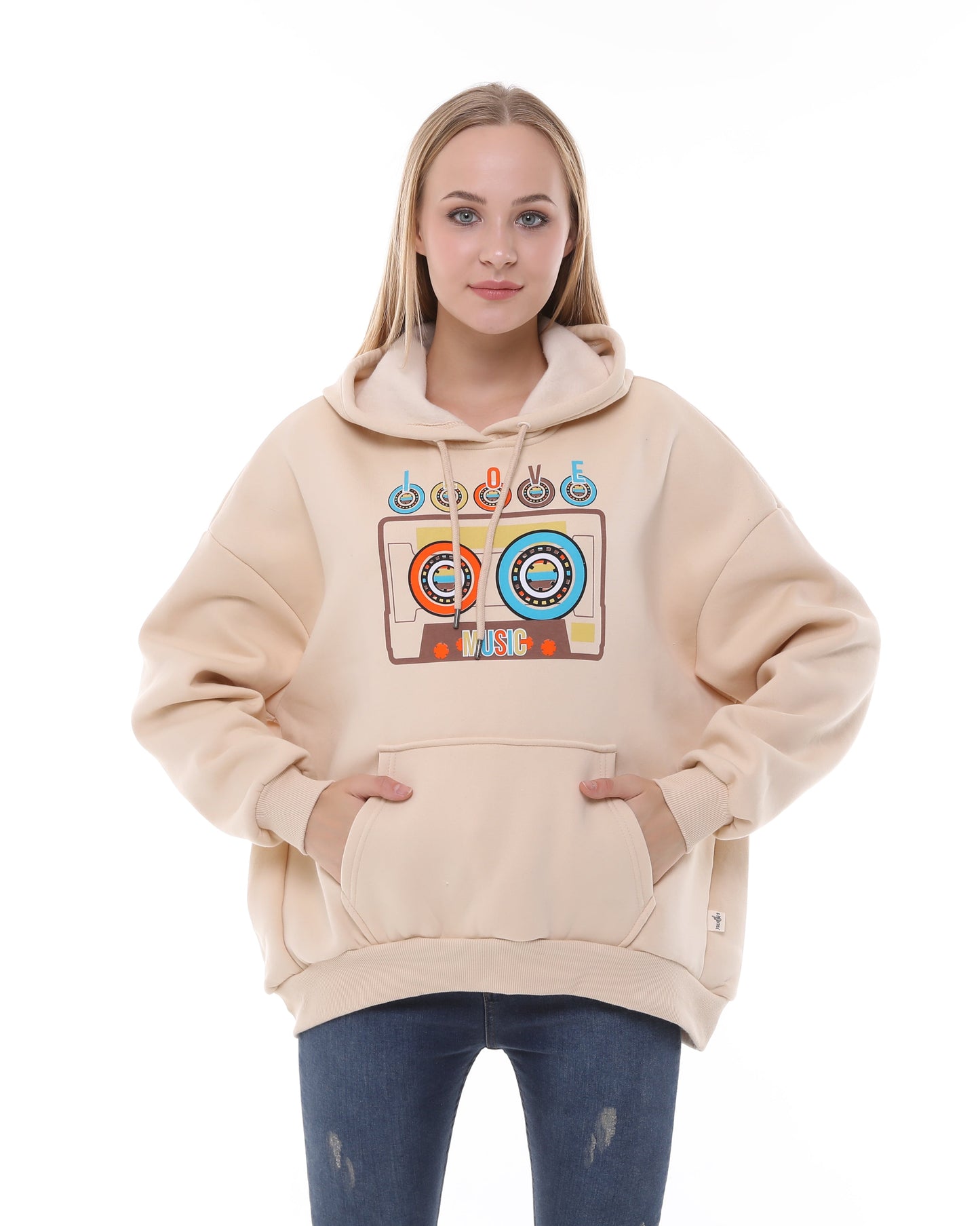 I love Music Vintage Cassette Print Fleece  Cotton Women Long Sleeve Cream Hoodie
