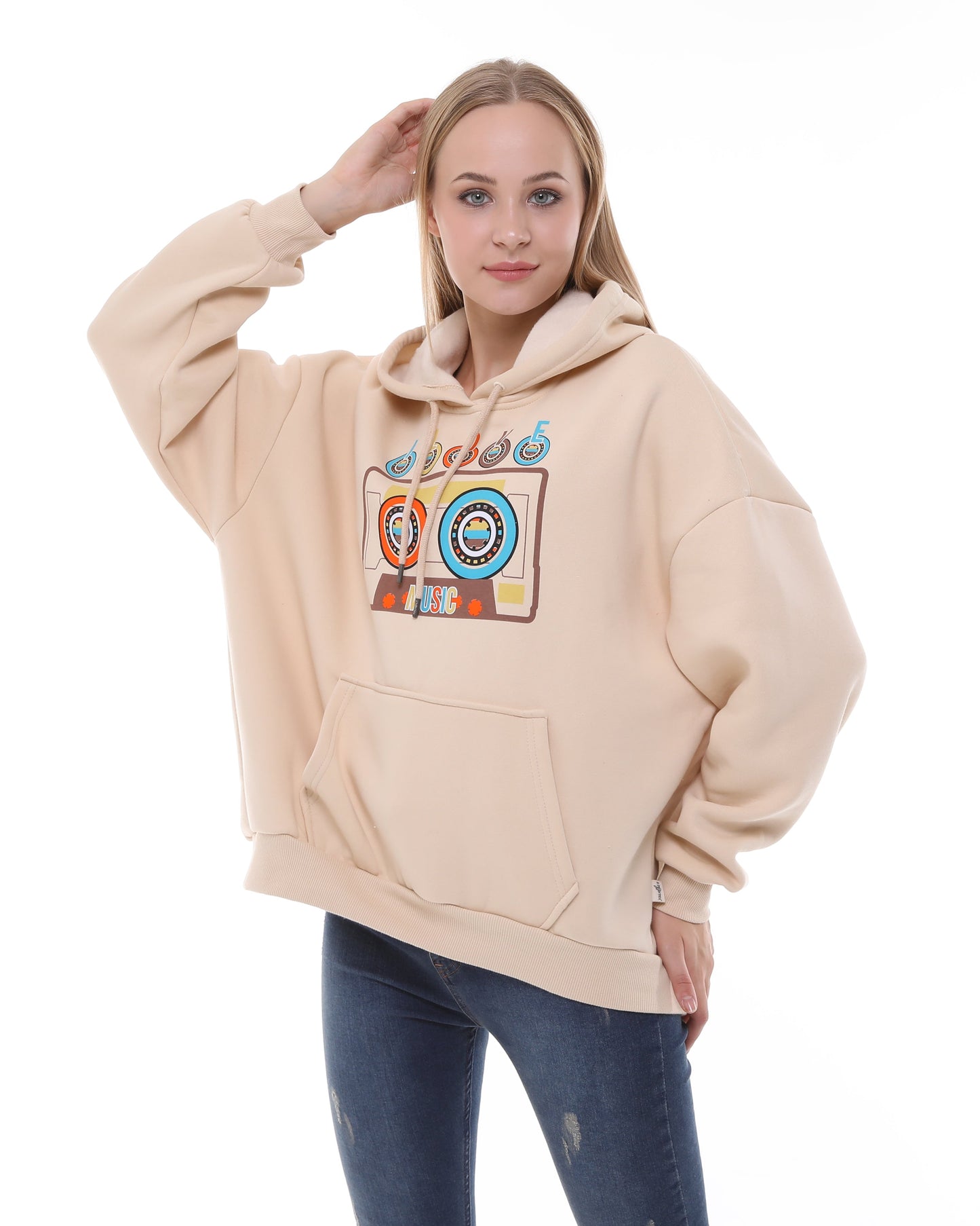 I love Music Vintage Cassette Print Fleece  Cotton Women Long Sleeve Cream Hoodie