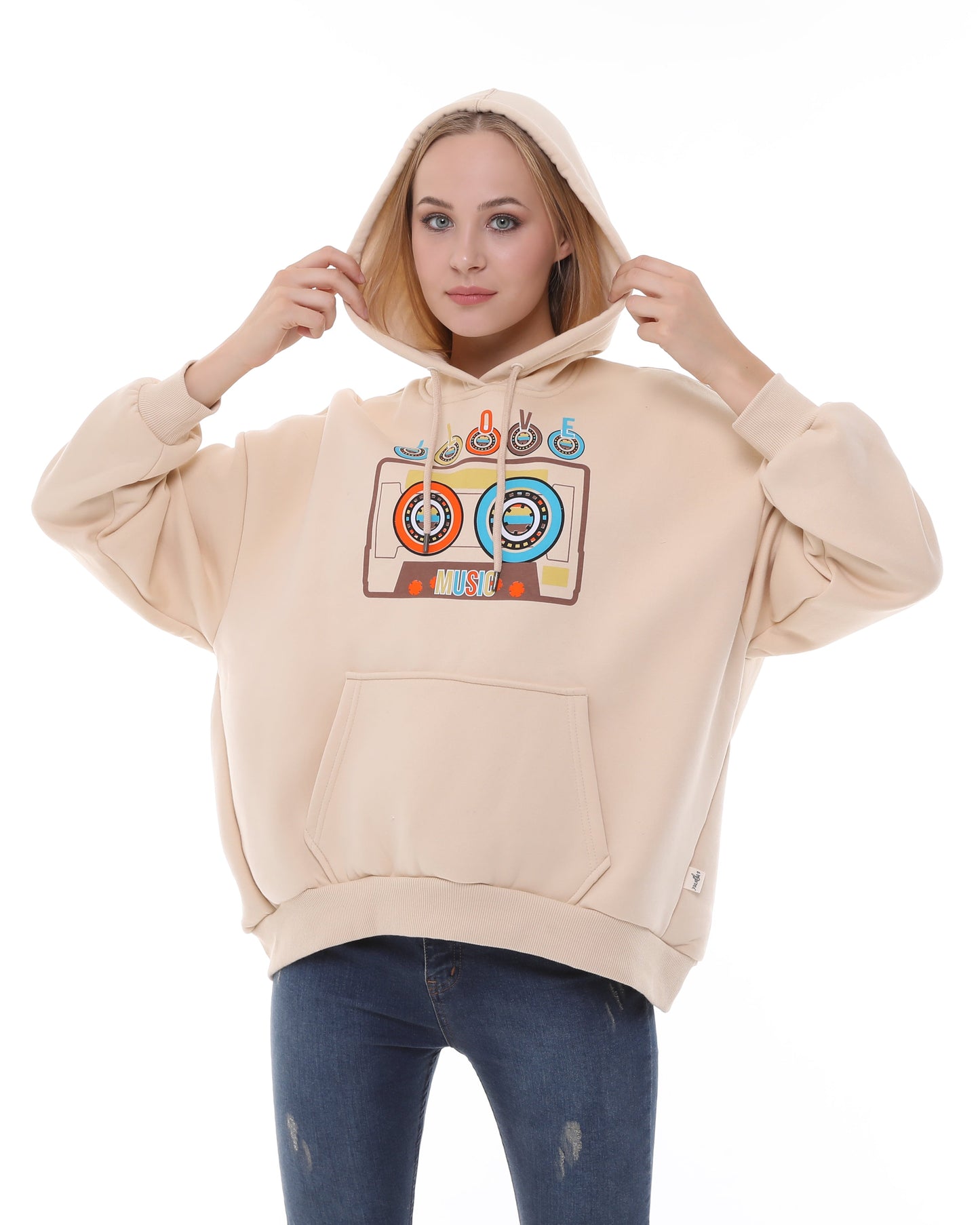 I love Music Vintage Cassette Print Fleece  Cotton Women Long Sleeve Cream Hoodie