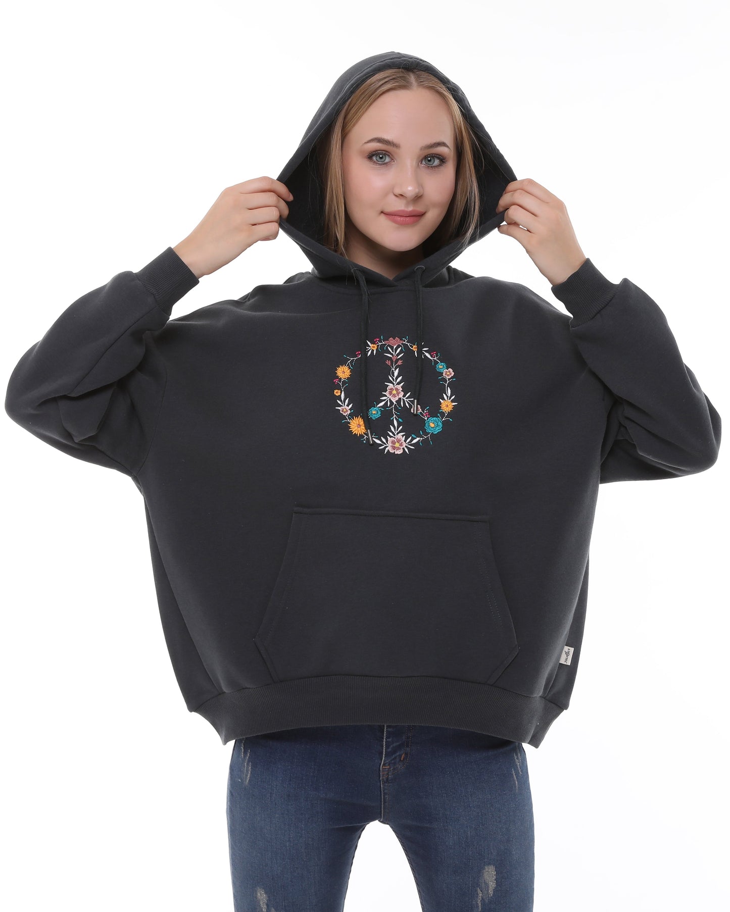 Flower Peace Print Fleece  Cotton Women Long Sleeve  Hoodie