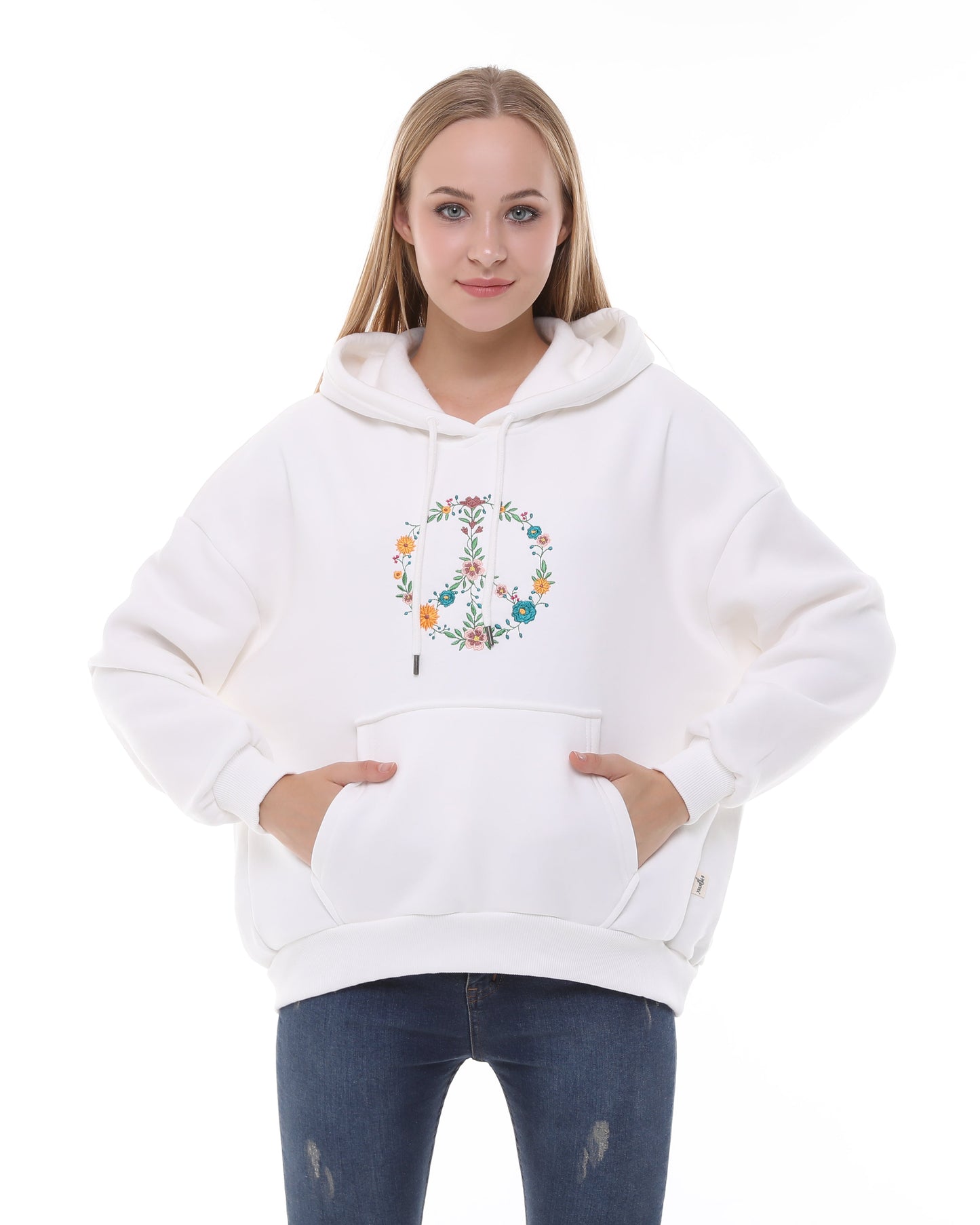 Flower Peace Print Fleece  Cotton Women Long Sleeve  Hoodie