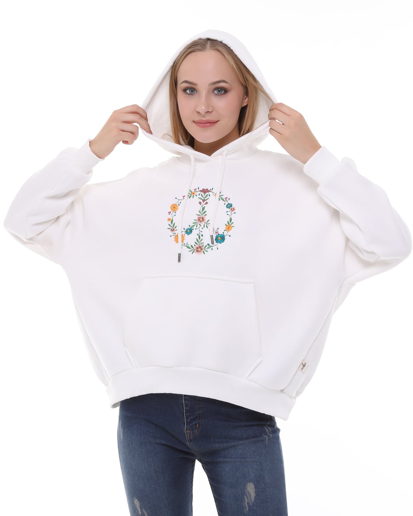 Flower Peace Print Fleece  Cotton Women Long Sleeve  Hoodie