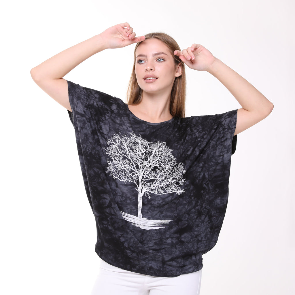 Shiny Sparkly Tree of Life Ballon Cut  Tie Die Top