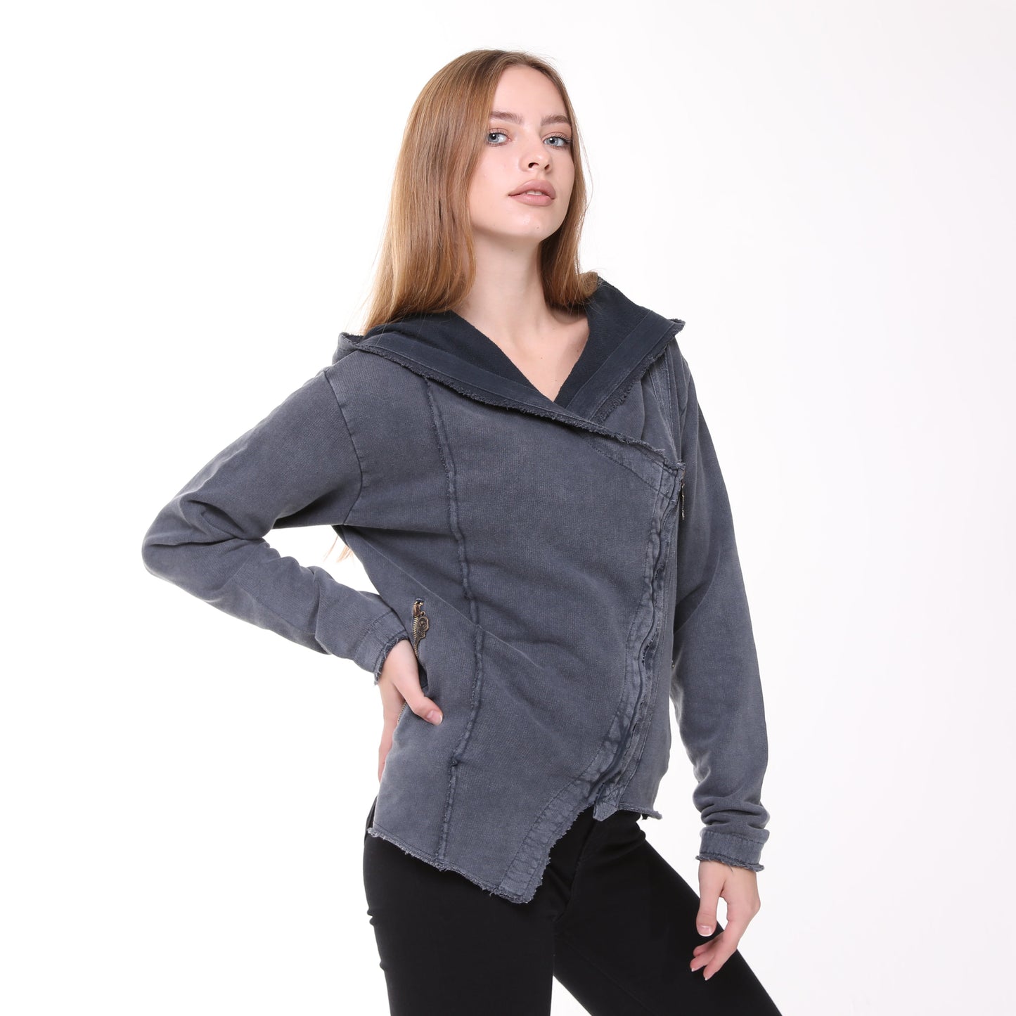 Stone Washed Poncho Cut Cotton Women Zip Hoodie