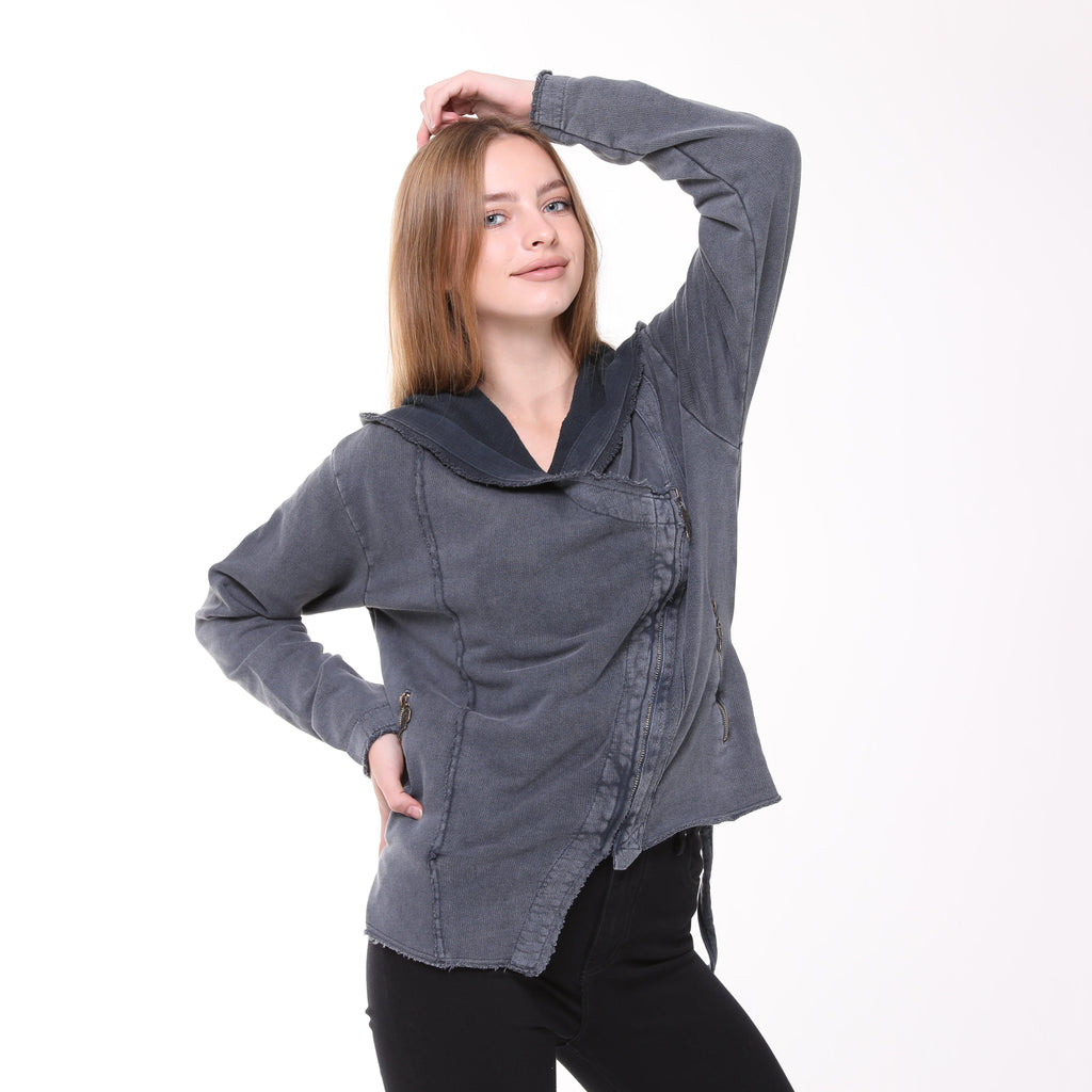 Stone Washed Poncho Cut Cotton Women Zip Hoodie