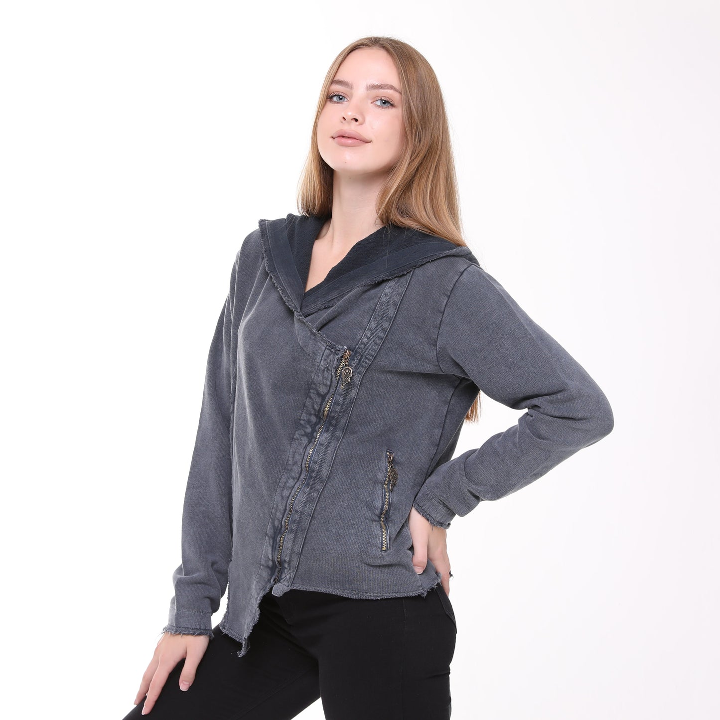 Stone Washed Poncho Cut Cotton Women Zip Hoodie