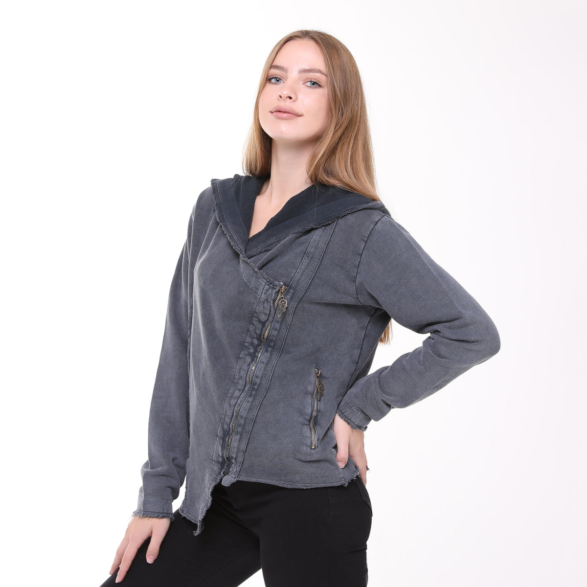 Stone Washed Poncho Cut Cotton Women Zip Hoodie