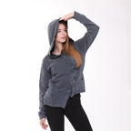 Stone Washed Poncho Cut Cotton Women Zip Hoodie