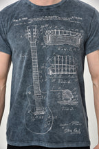 Stone Washed Guitar Patent Printed Cotton T-Shirt