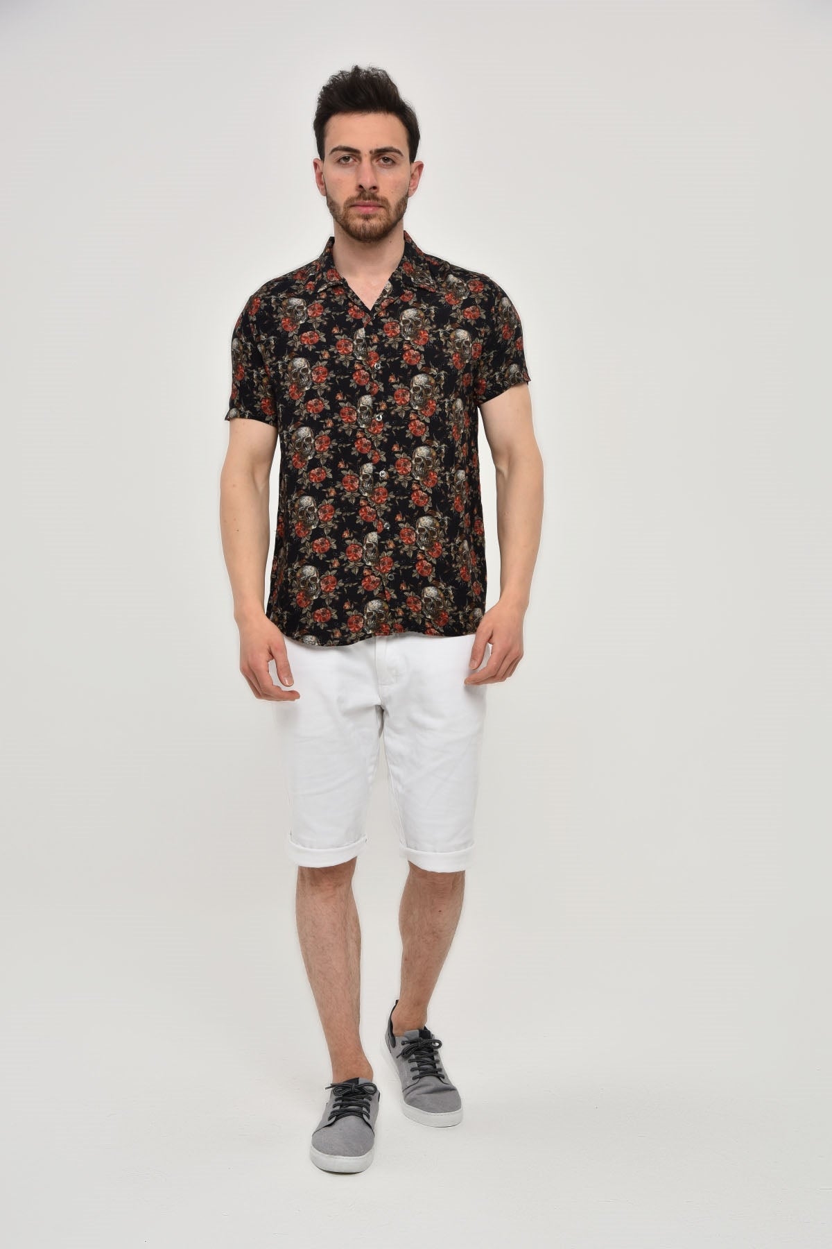 Black  Flower Skull Leaf  Men's Half Sleeve Shirts