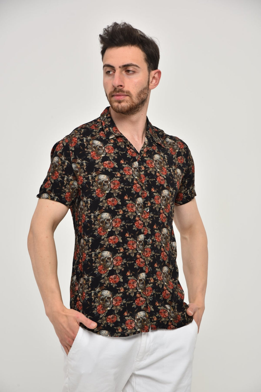 Black  Flower Skull Leaf  Men's Half Sleeve Shirts