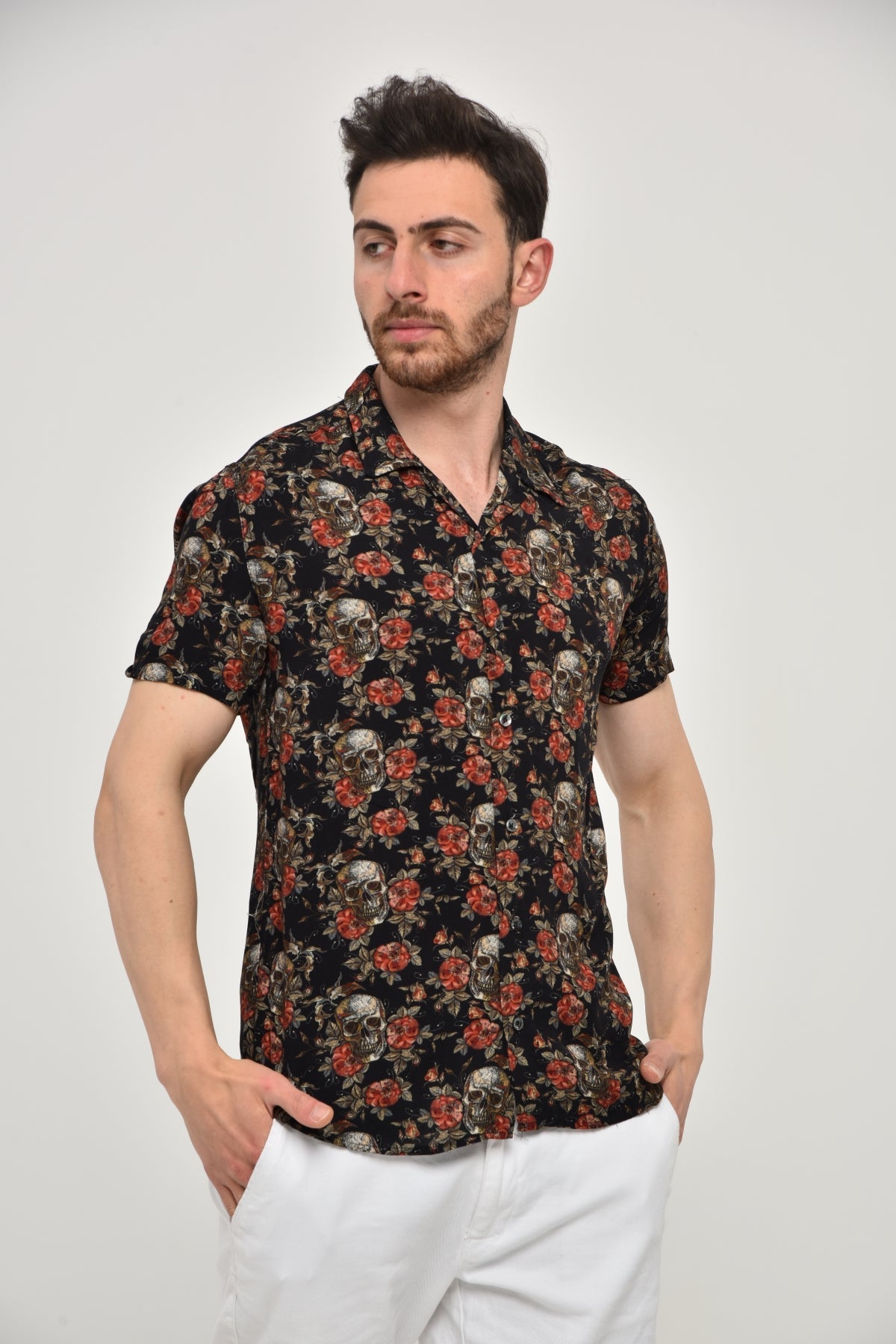 Black  Flower Skull Leaf  Men's Half Sleeve Shirts