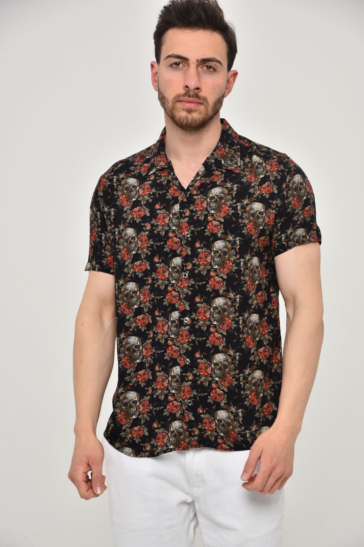 Black  Flower Skull Leaf  Men's Half Sleeve Shirts