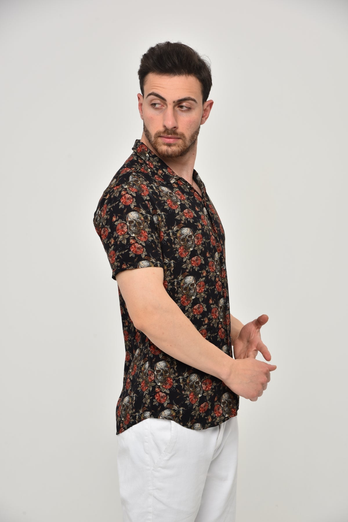 Black  Flower Skull Leaf  Men's Half Sleeve Shirts