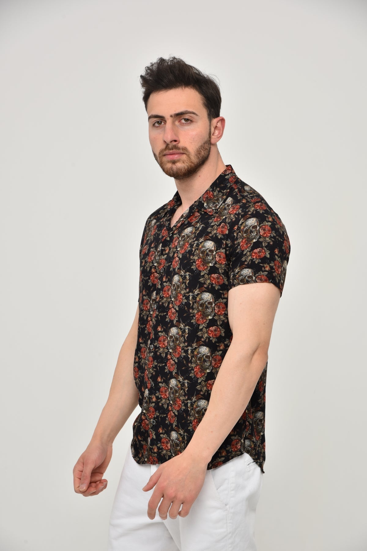 Black  Flower Skull Leaf  Men's Half Sleeve Shirts