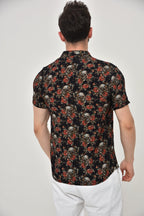Black  Flower Skull Leaf  Men's Half Sleeve Shirts
