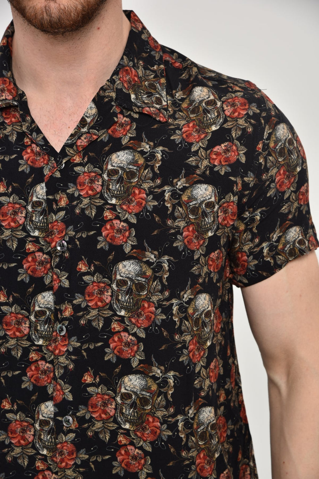 Black  Flower Skull Leaf  Men's Half Sleeve Shirts