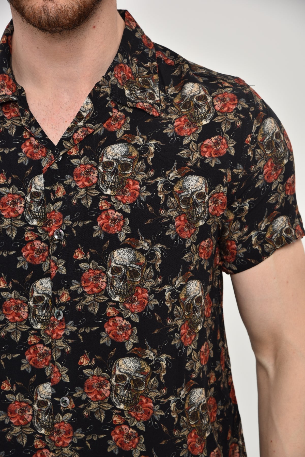 Black  Flower Skull Leaf  Men's Half Sleeve Shirts