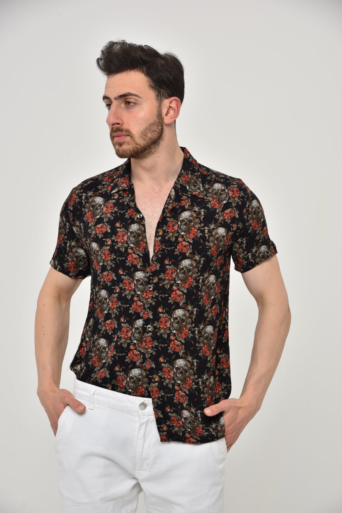 BLACK FLOWER SKULL MEN'S SHORT SLEEVE SHIRT