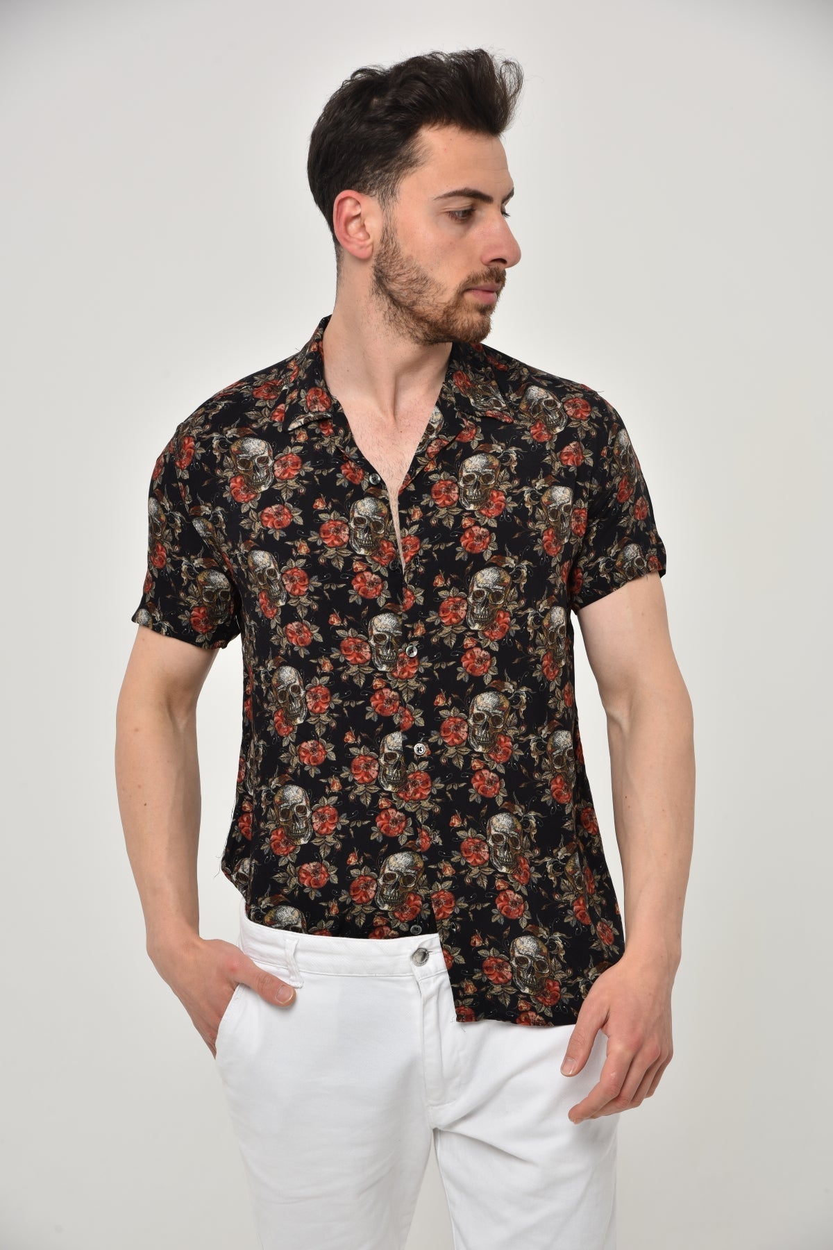 Black  Flower Skull Leaf  Men's Half Sleeve Shirts