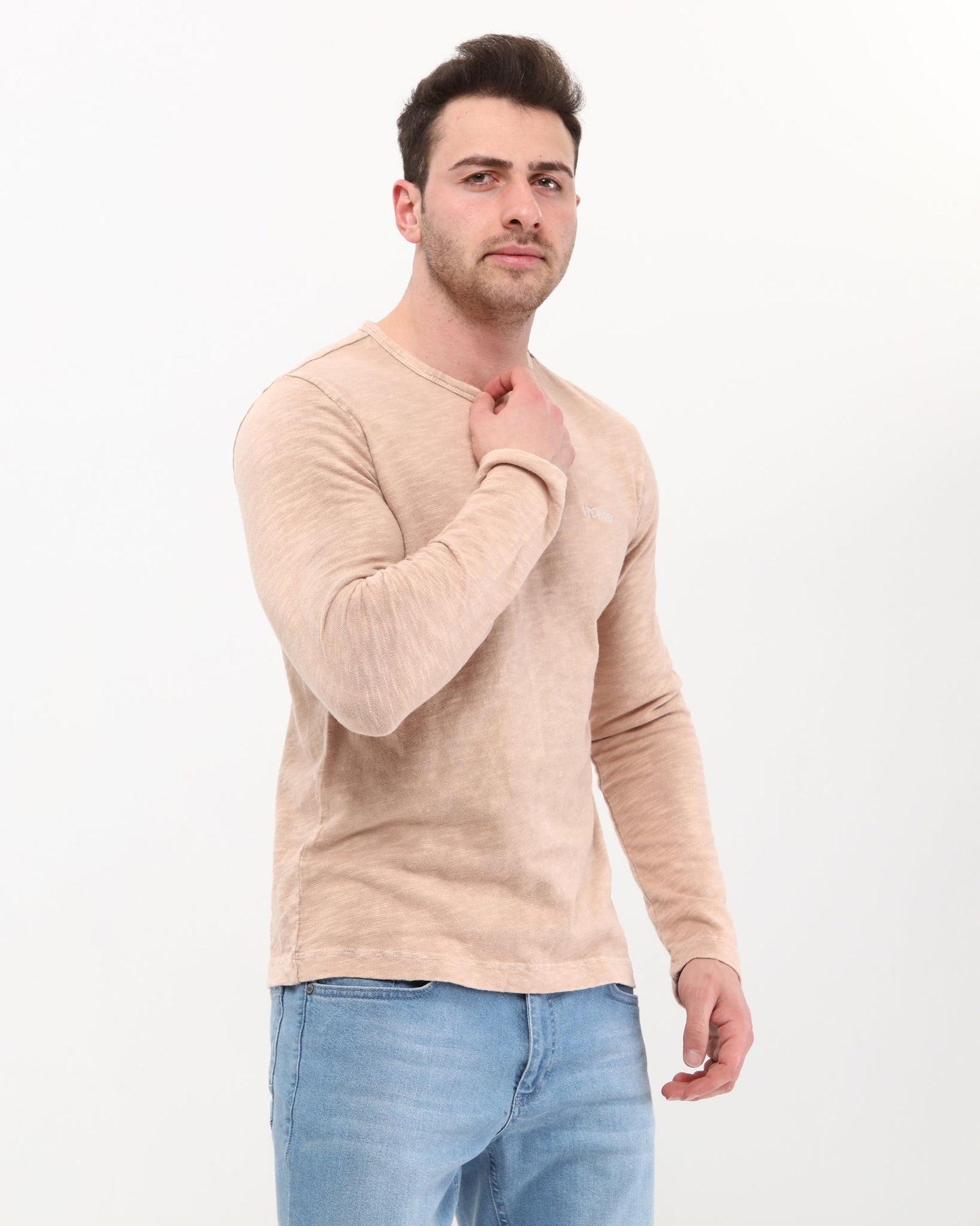 Plain Stone Washed Cotton Men's Long Sleeve T-shirt
