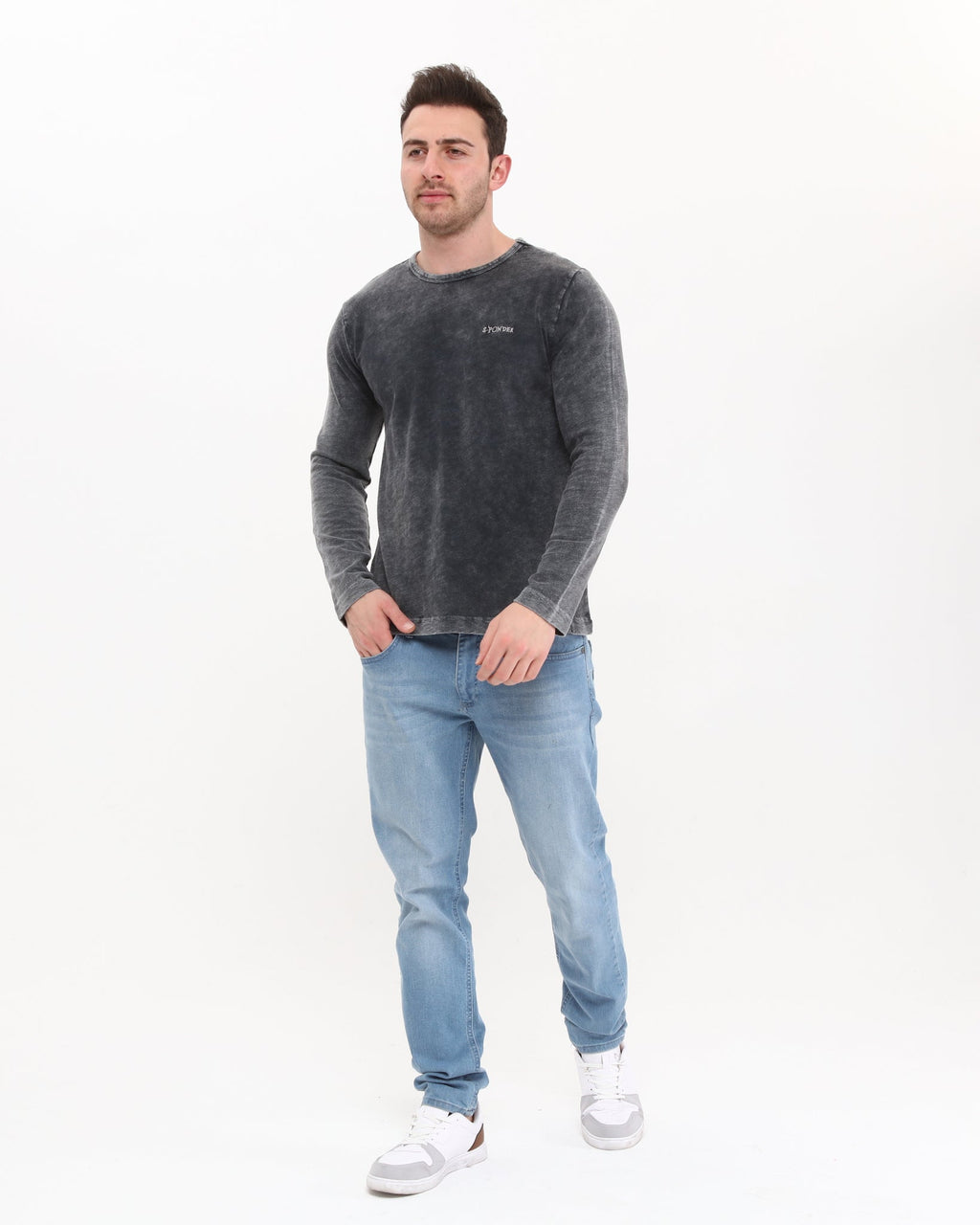 Plain Stone Washed Cotton Men's Long Sleeve T-shirt