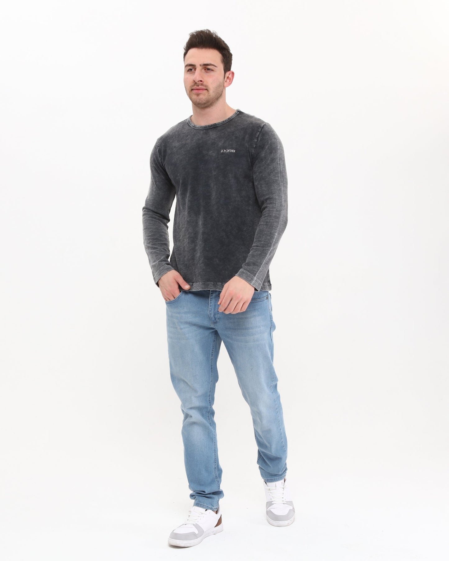 Plain Stone Washed Cotton Men's Long Sleeve T-shirt