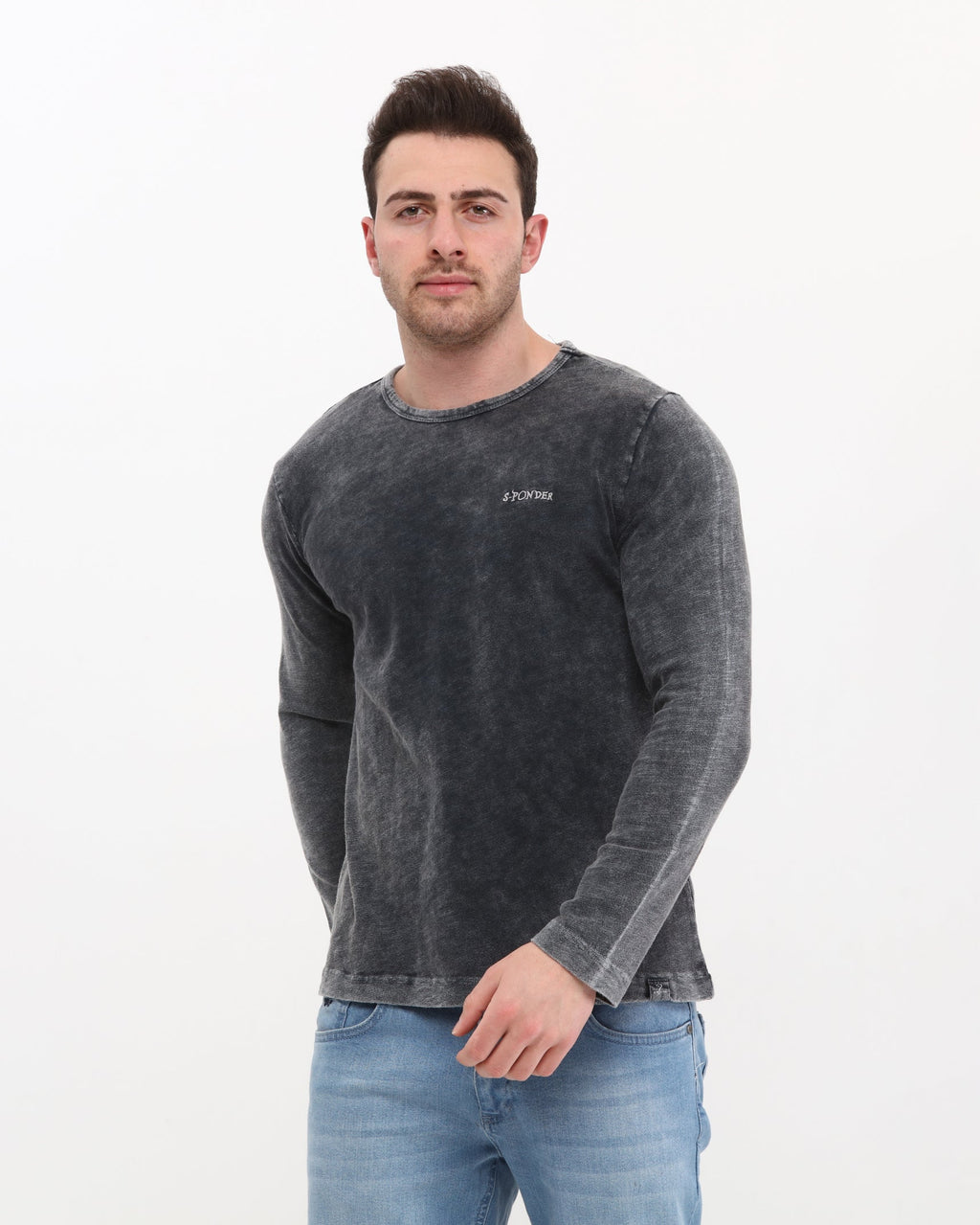 Plain Stone Washed Cotton Men's Long Sleeve T-shirt