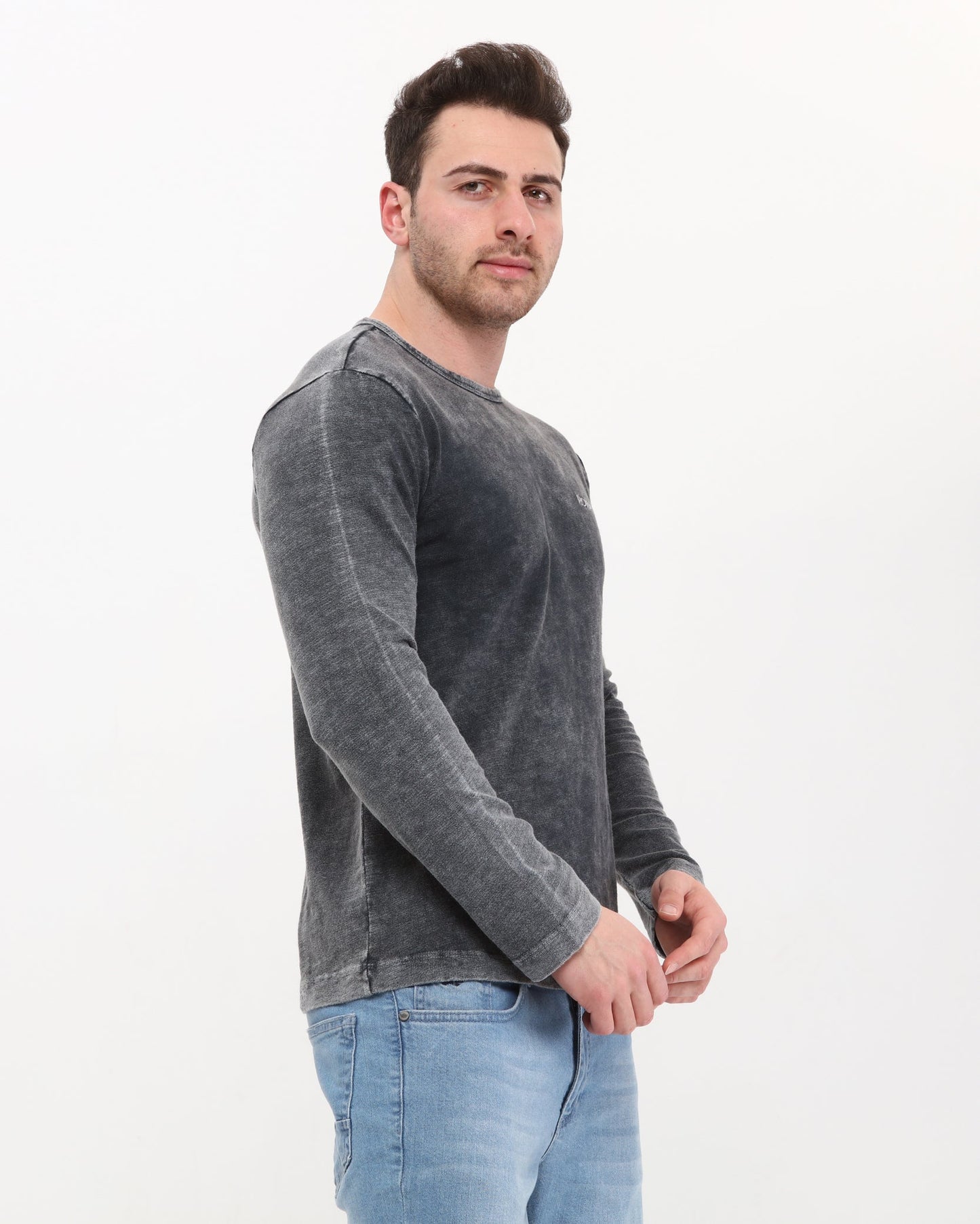 Plain Stone Washed Cotton Men's Long Sleeve T-shirt
