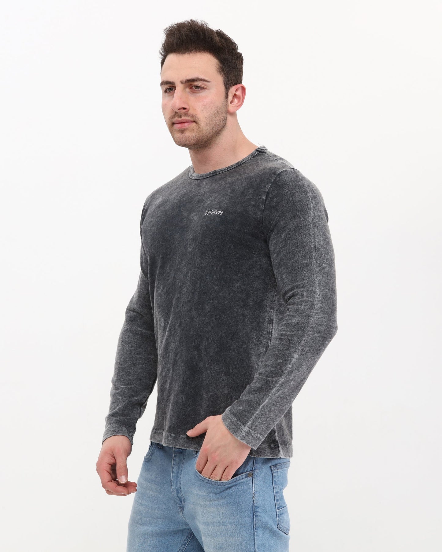 Plain Stone Washed Cotton Men's Long Sleeve T-shirt