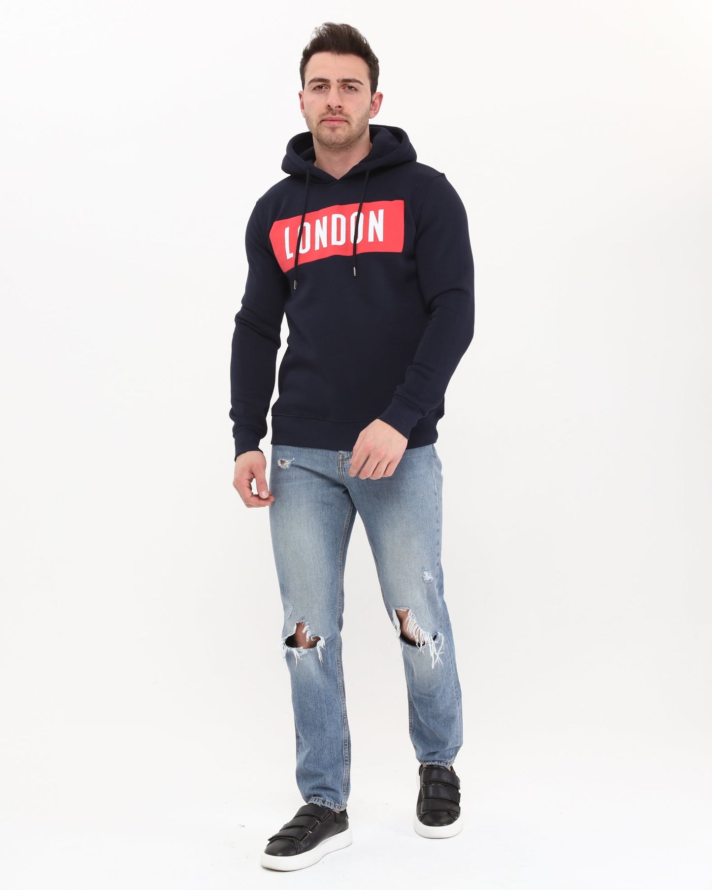 Navy Blue London Souvenir Print Men's Fleece  Hoodie