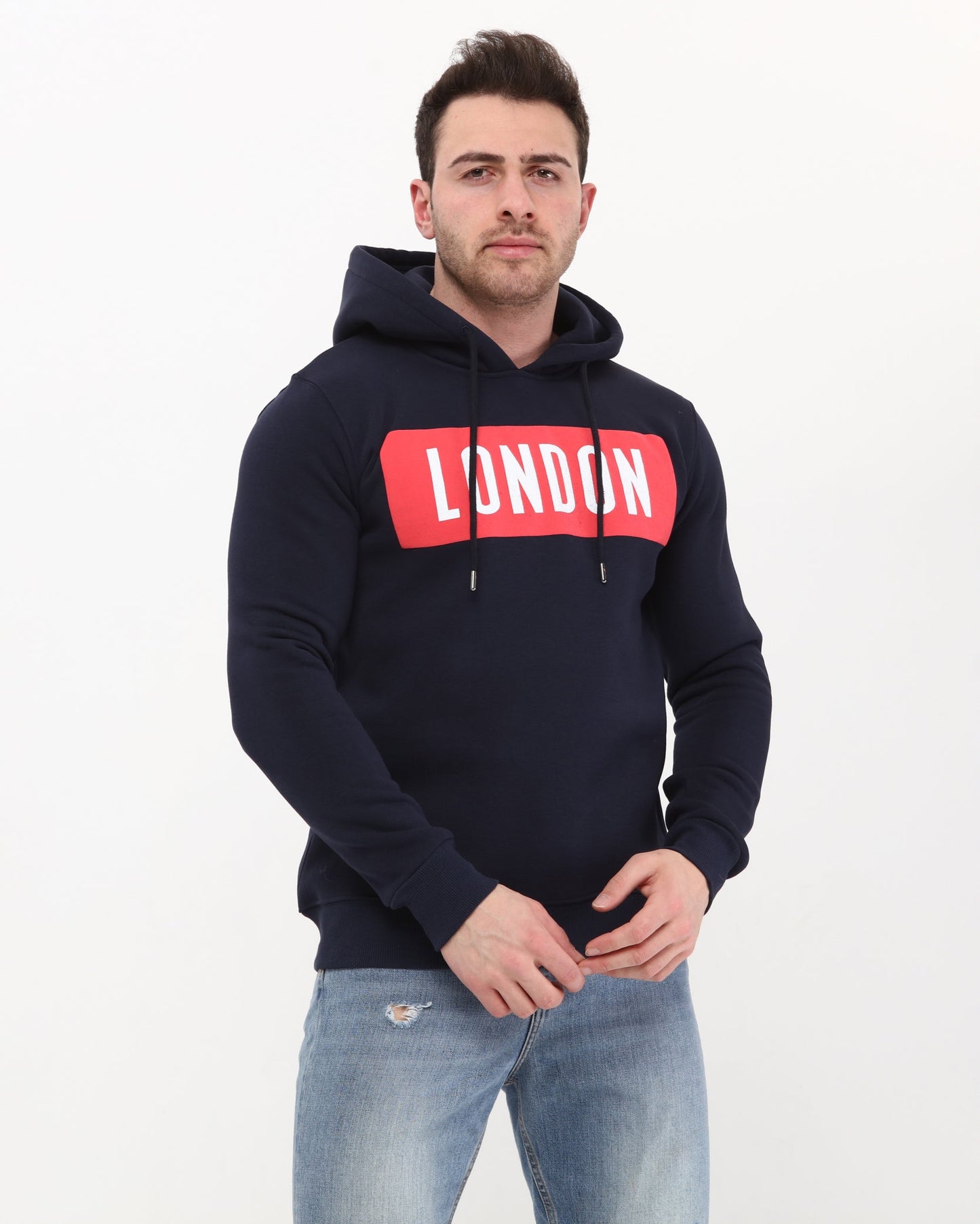 Navy Blue London Souvenir Print Men's Fleece  Hoodie