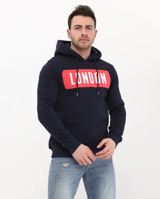 Navy Blue London Souvenir Print Men's Fleece  Hoodie