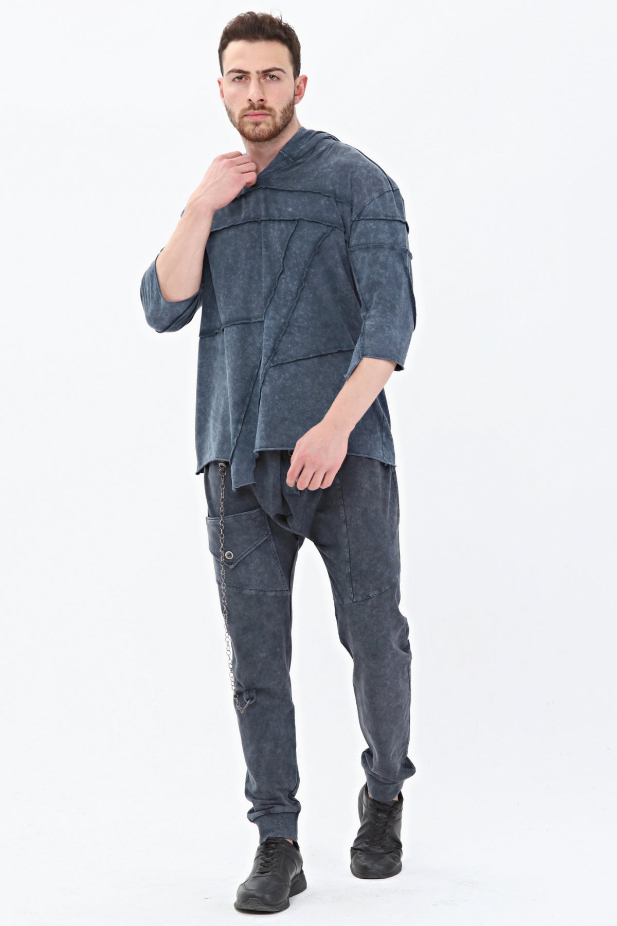 Anthracite Stone Washed Plain  Cotton Hoodie