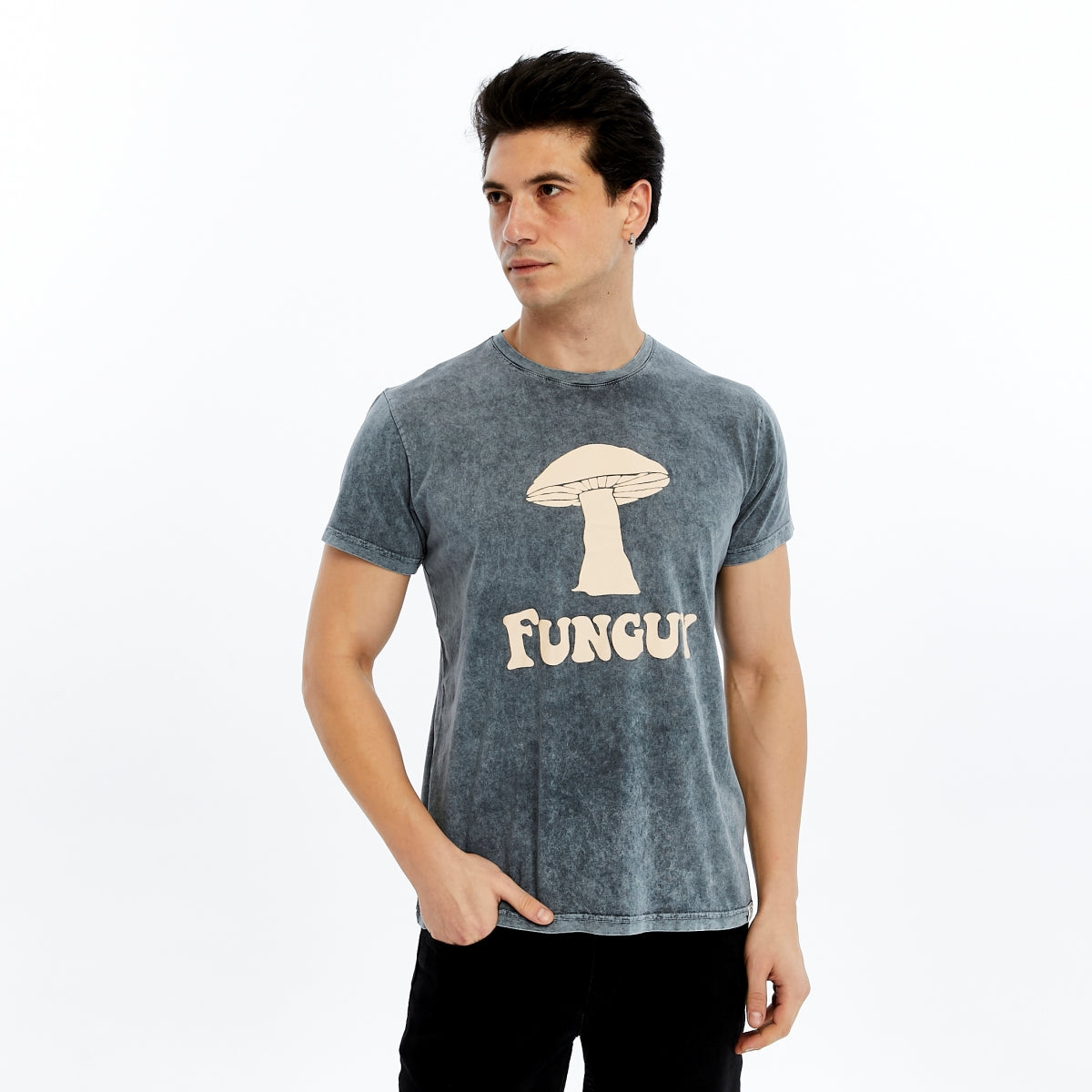 Stone Washed FUNGUY MUSHROOM  Printed Cotton  T-shirt