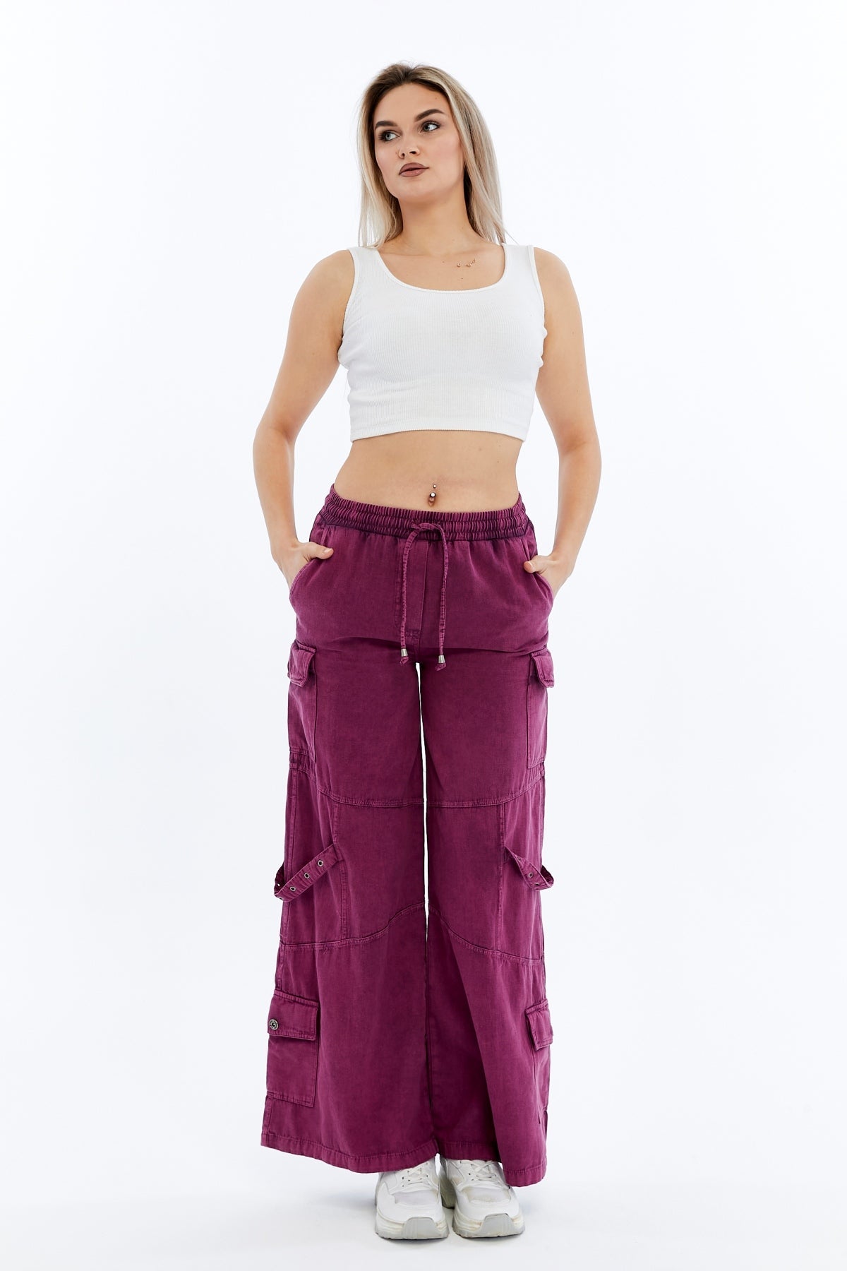 High Waist Flare Legs   Women Stone Washed Cotton Trouser