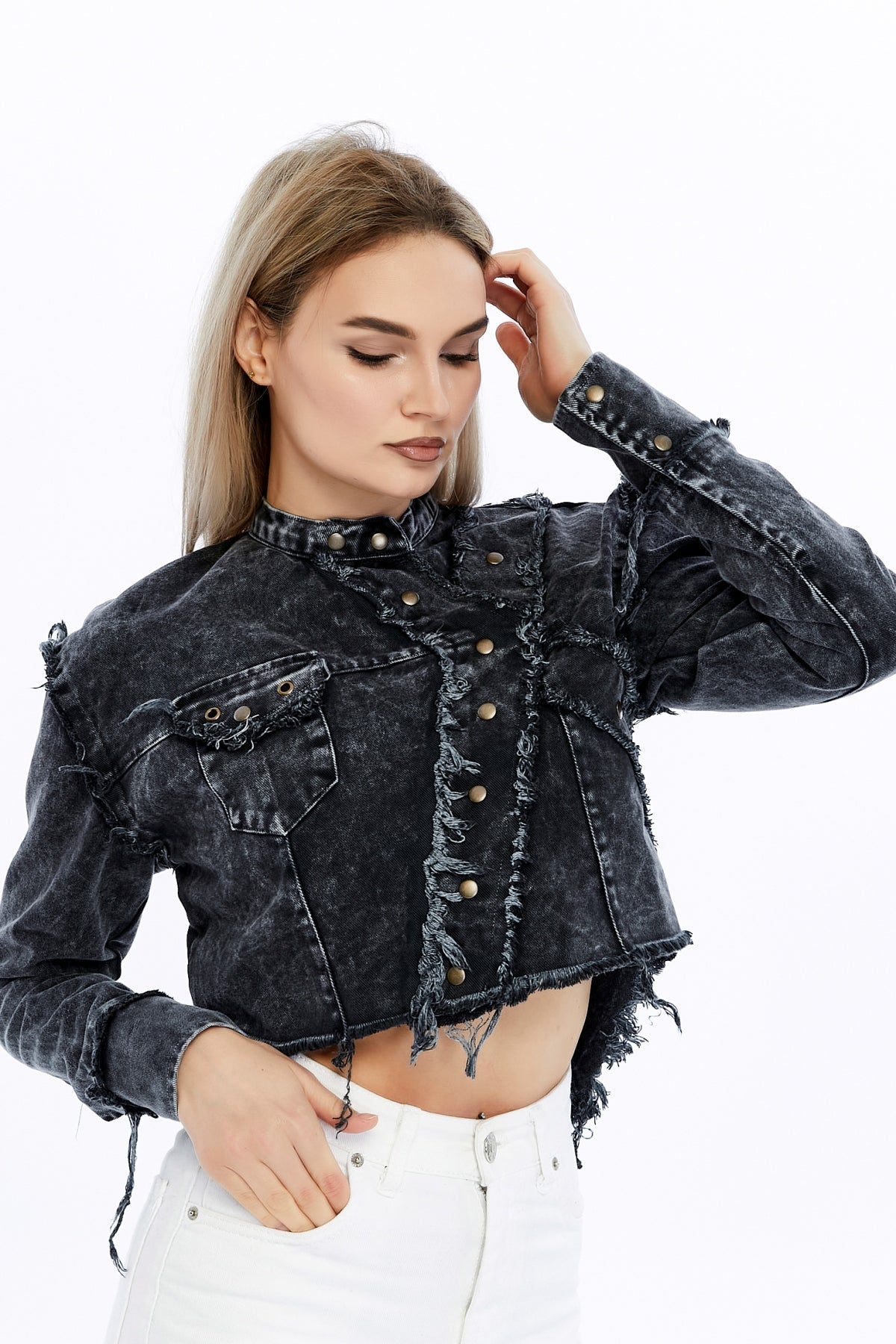 Acid Washed High Neck Denim Style Cropped Jacket