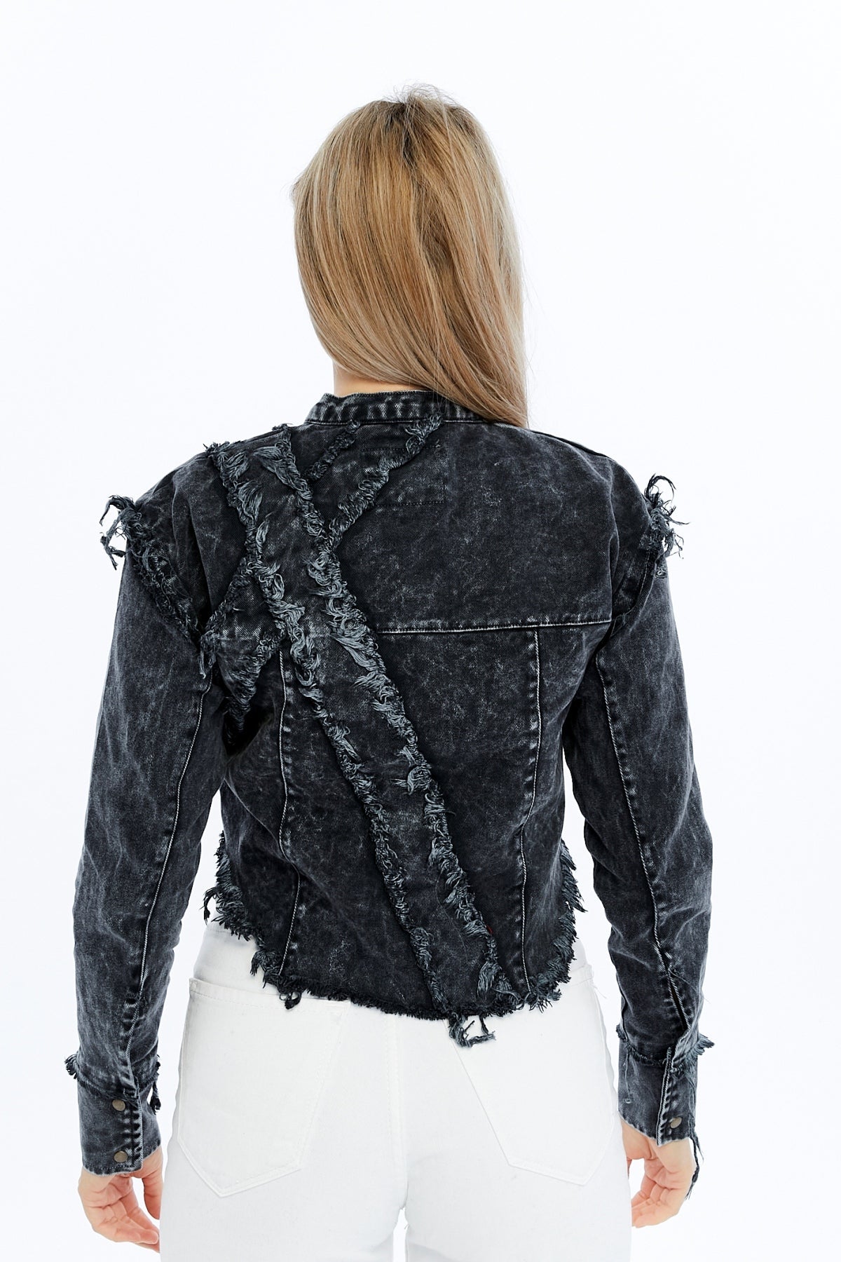 Acid Washed High Neck Denim Style Cropped Jacket