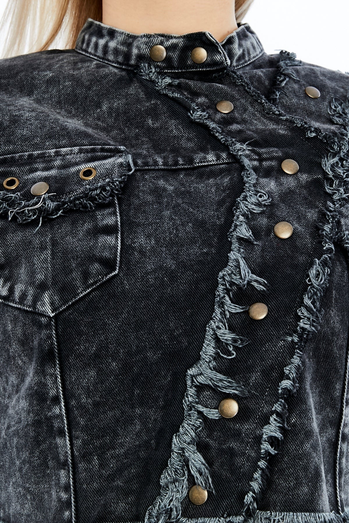 Acid Washed High Neck Denim Style Cropped Jacket