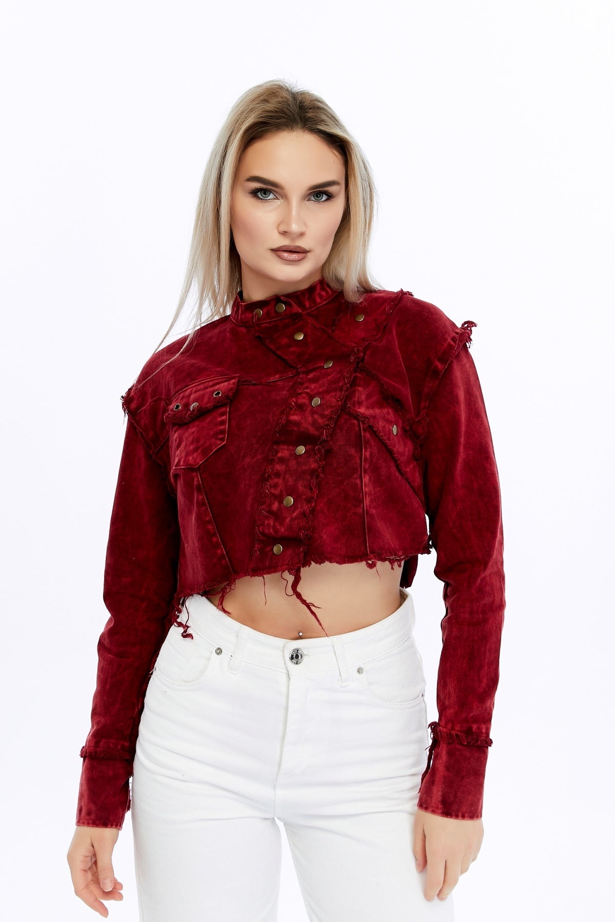Acid Washed High Neck Denim Style Cropped Jacket