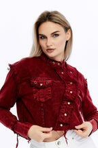 Acid Washed High Neck Denim Style Cropped Jacket