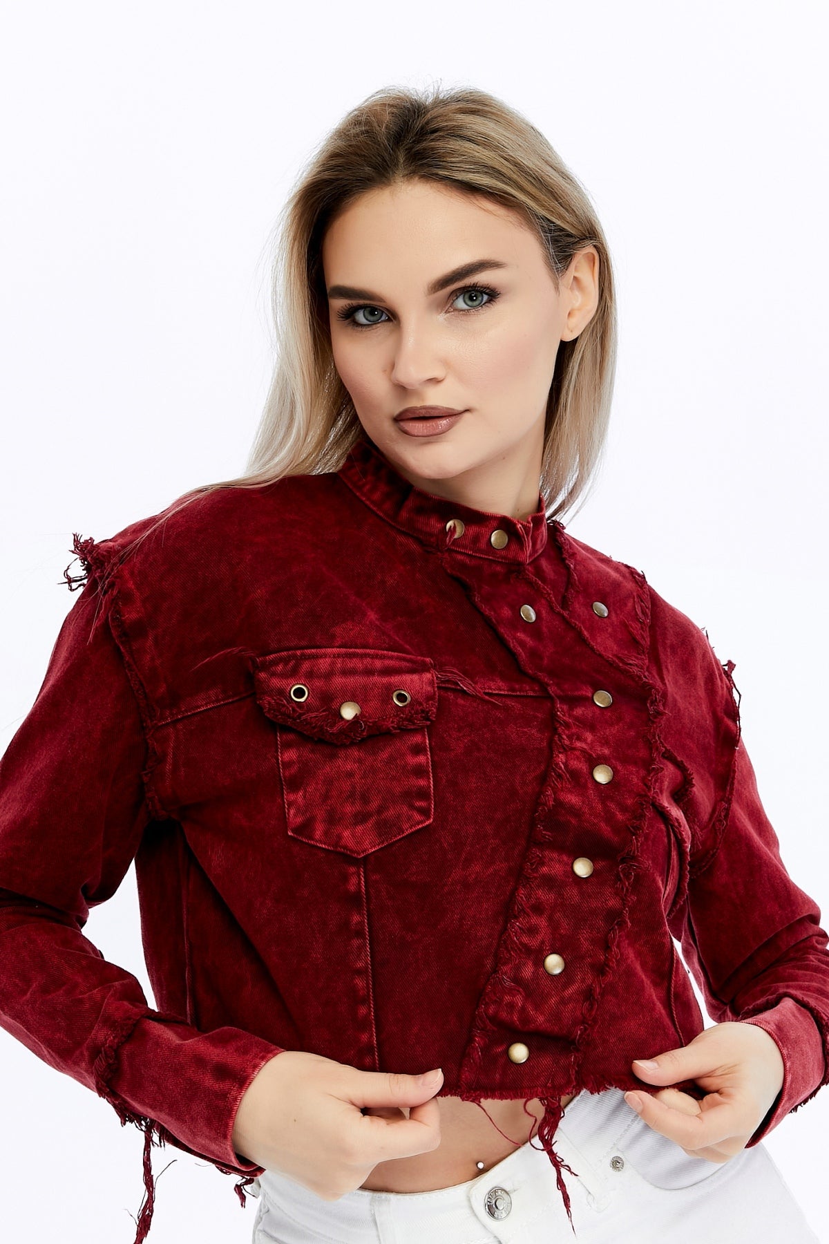 Acid Washed High Neck Denim Style Cropped Jacket