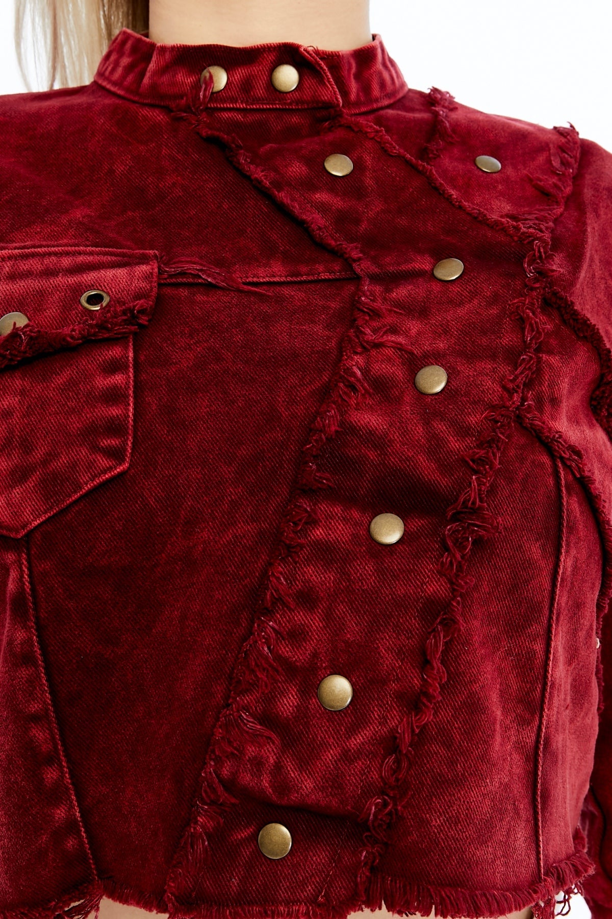 Acid Washed High Neck Denim Style Cropped Jacket