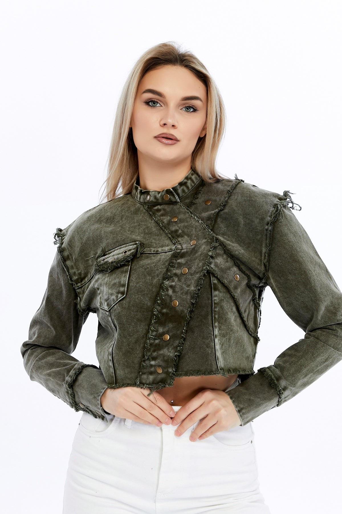 Acid Washed High Neck Denim Style Cropped Jacket