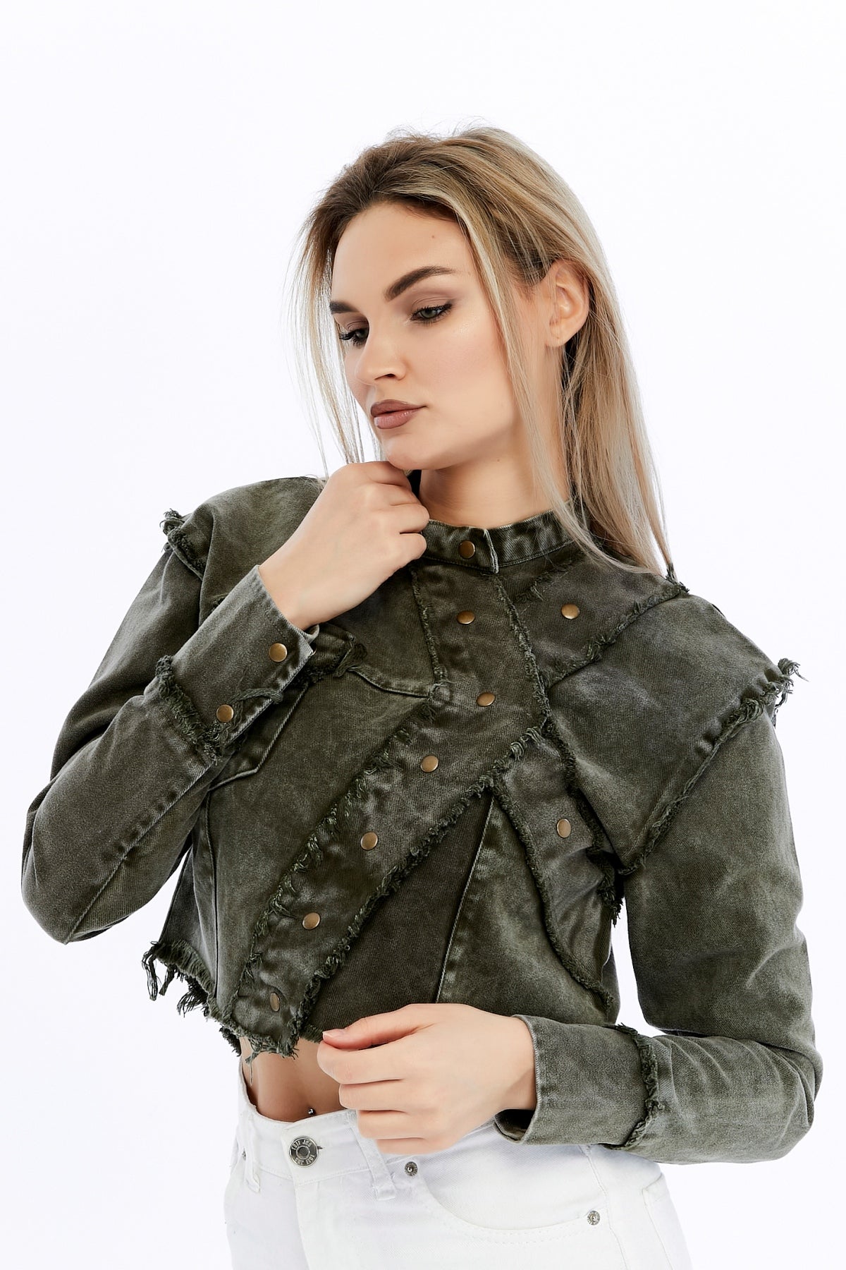 Acid Washed High Neck Denim Style Cropped Jacket