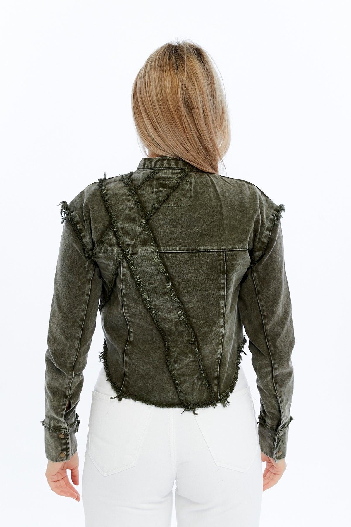 Acid Washed High Neck Denim Style Cropped Jacket