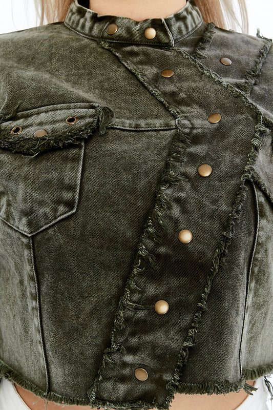 Acid Washed High Neck Denim Style Cropped Jacket