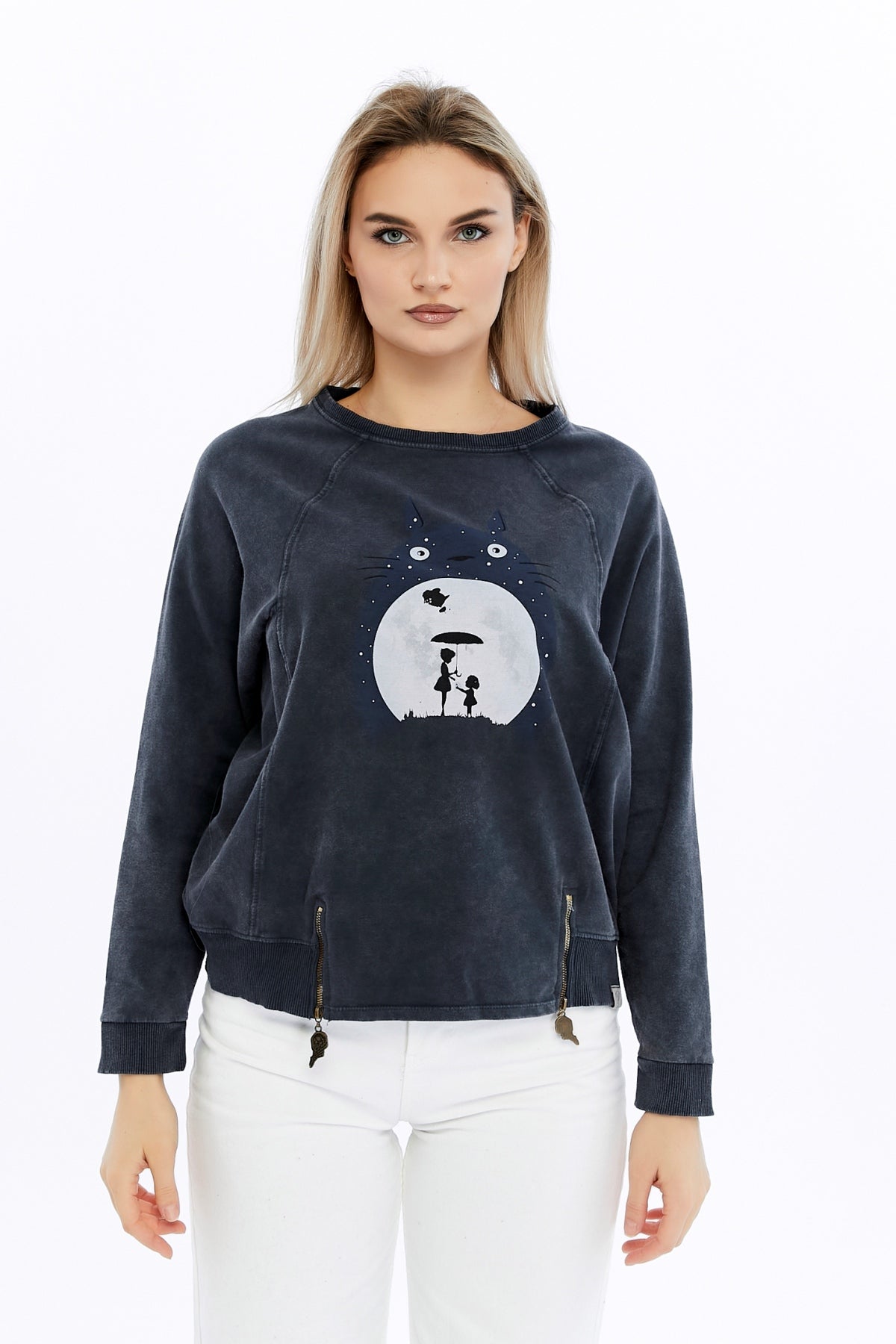 Ballon Cut Zip Front TOTO Print Women Sweatshirt