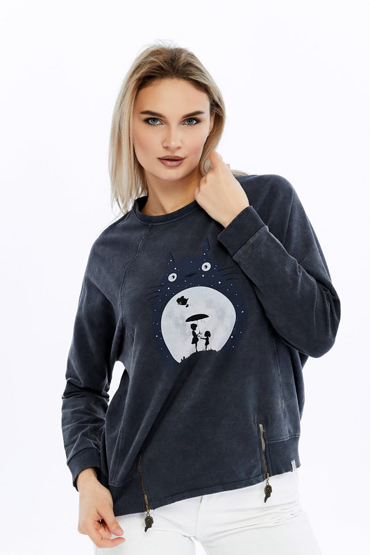 Ballon Cut Zip Front TOTO Print Women Sweatshirt